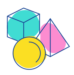 Colorful geometric shapes: cube, sphere, and pyramid overlapping.