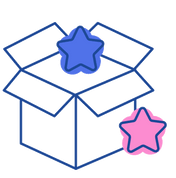 Illustration of an open box with a blue and a pink star.