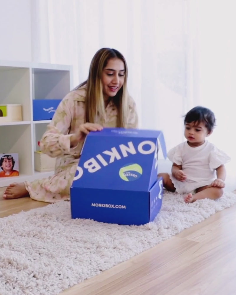 7 - 8 months baby Object permanence toy boxes from monkibox fox openign and baby paly time video